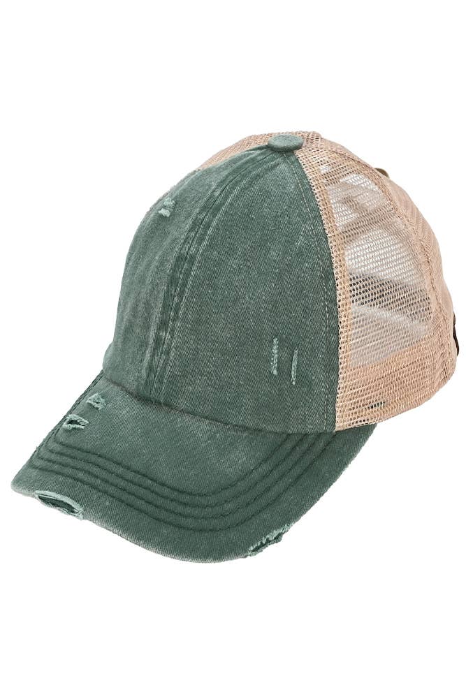 C.C Washed Denim with Crossed Elastic Band Mesh Pony Cap