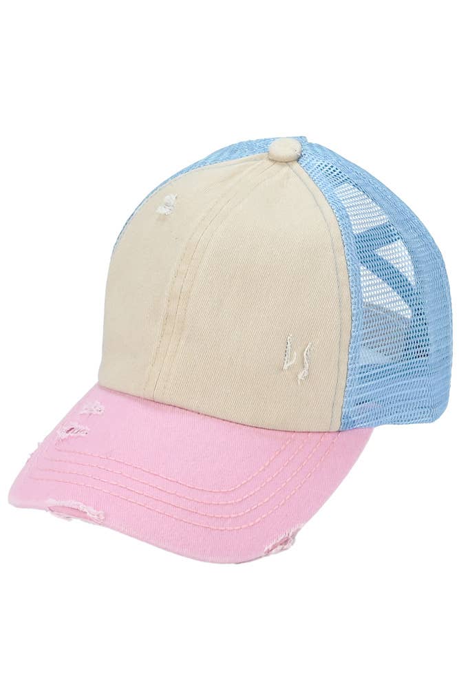C.C 3 Tone Crossed Mesh Back Blank Trucker Pony Cap