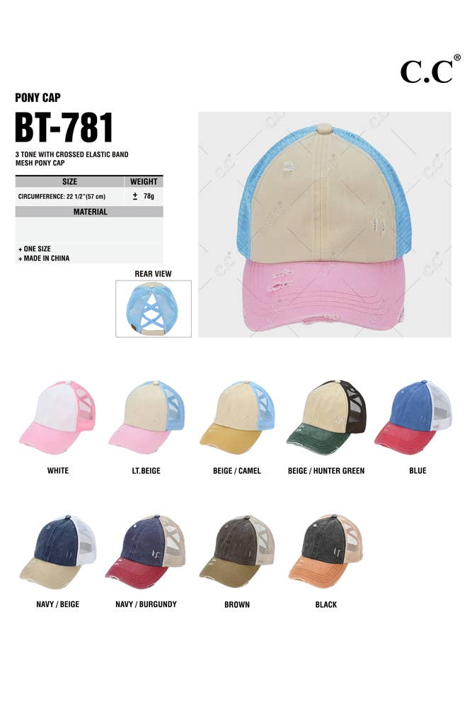 C.C 3 Tone Crossed Mesh Back Blank Trucker Pony Cap