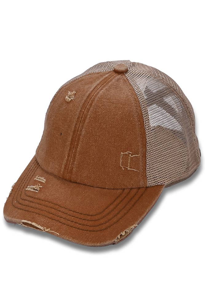 C.C Washed Denim with Crossed Elastic Band Mesh Pony Cap