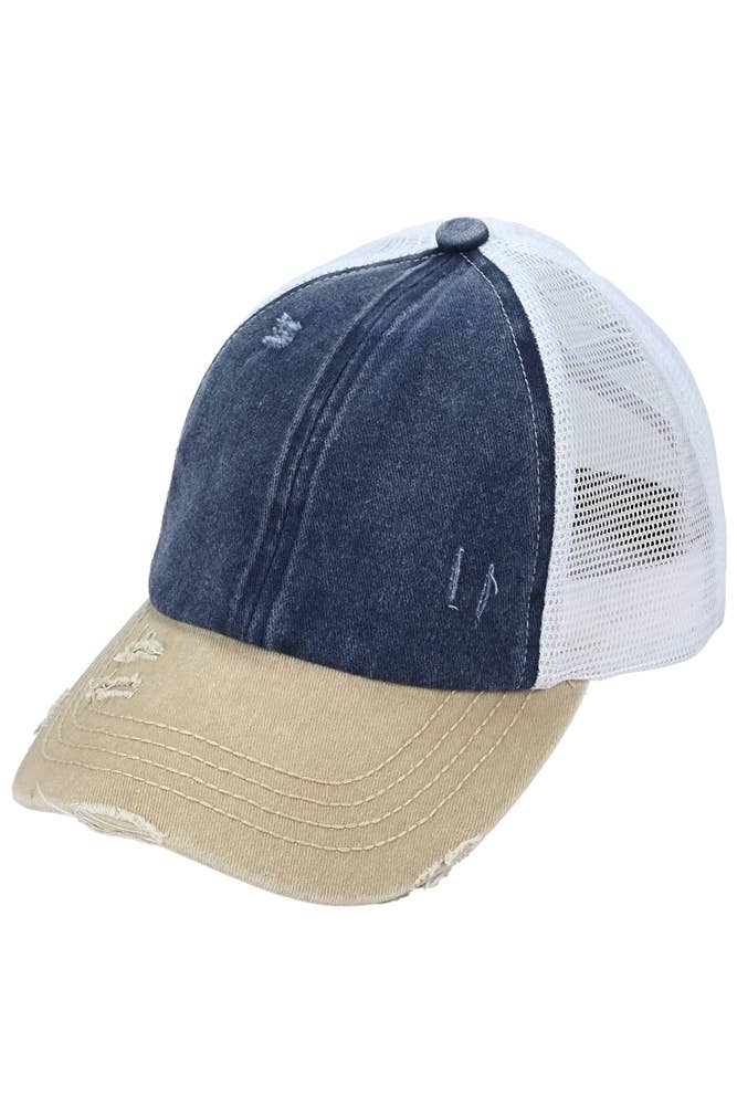 C.C 3 Tone Crossed Mesh Back Blank Trucker Pony Cap