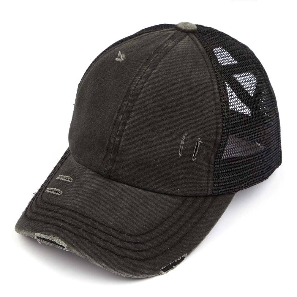 C.C Washed Denim with Crossed Elastic Band Mesh Pony Cap