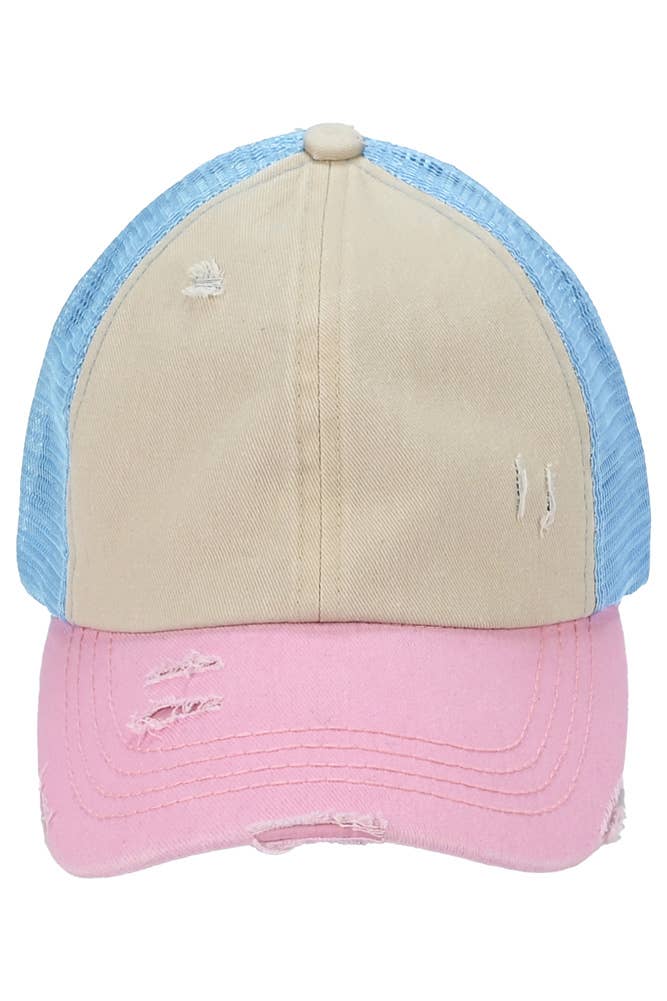 C.C 3 Tone Crossed Mesh Back Blank Trucker Pony Cap