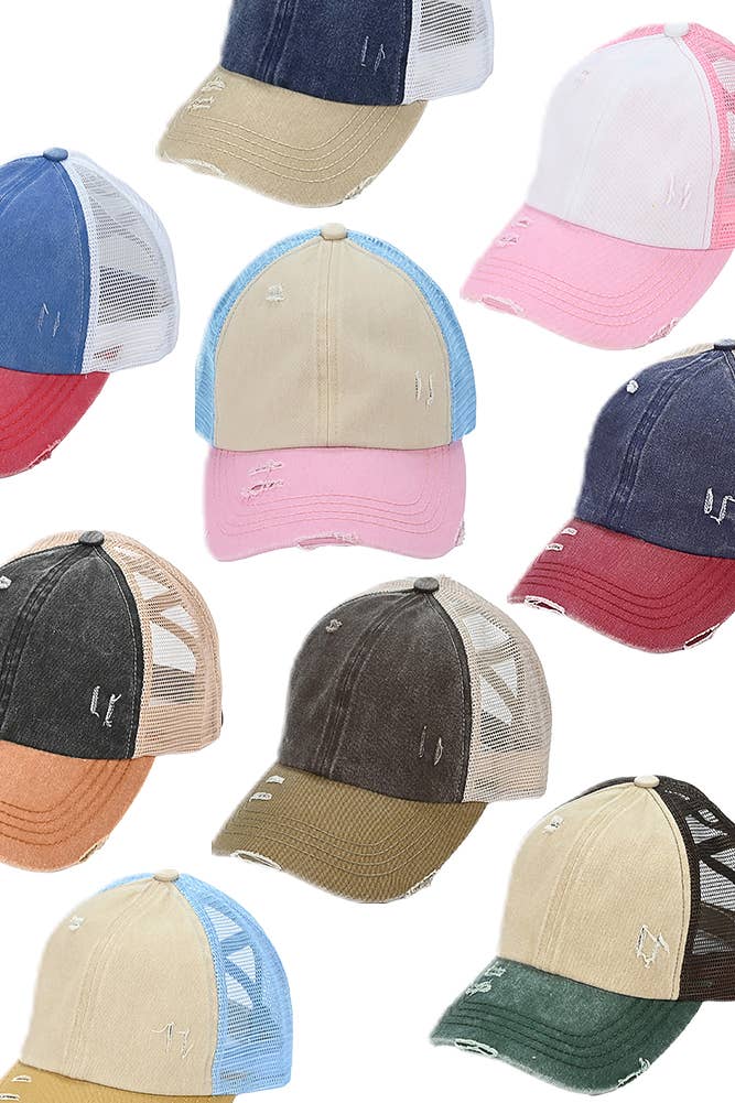 C.C 3 Tone Crossed Mesh Back Blank Trucker Pony Cap