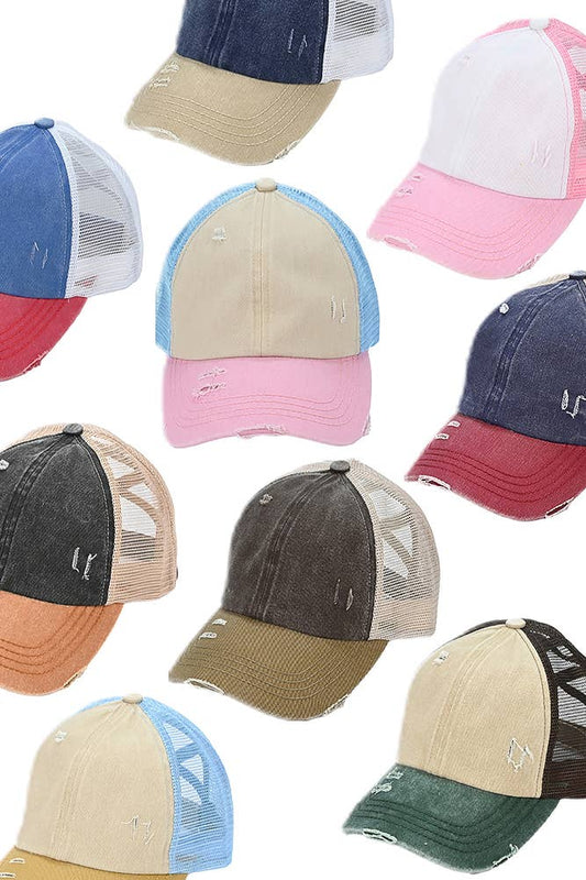 C.C 3 Tone Crossed Mesh Back Blank Trucker Pony Cap
