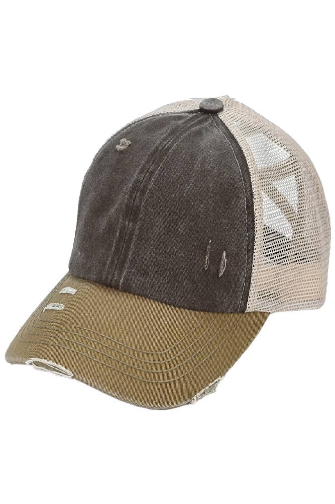 C.C 3 Tone Crossed Mesh Back Blank Trucker Pony Cap