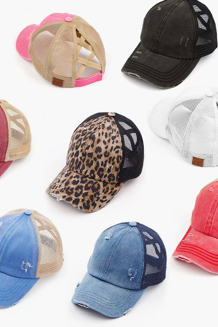 C.C Washed Denim with Crossed Elastic Band Mesh Pony Cap