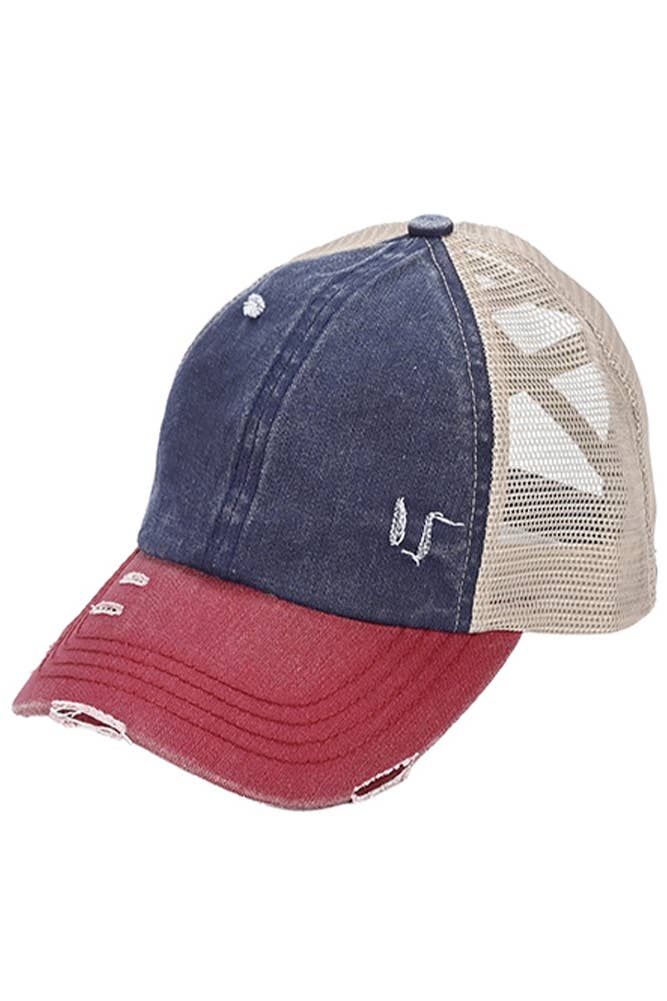 C.C 3 Tone Crossed Mesh Back Blank Trucker Pony Cap