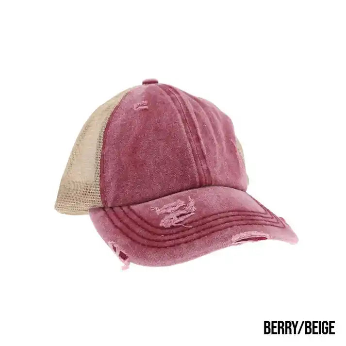 Washed Denim Criss Cross High Pony Ball Caps by CC