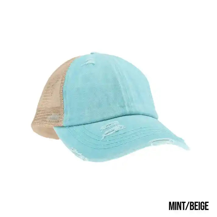 Washed Denim Criss Cross High Pony Ball Caps by CC