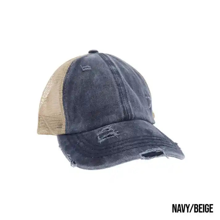 Washed Denim Criss Cross High Pony Ball Caps by CC