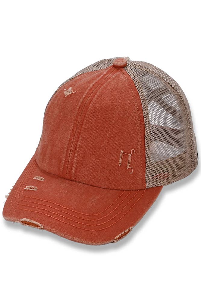 C.C Washed Denim with Crossed Elastic Band Mesh Pony Cap