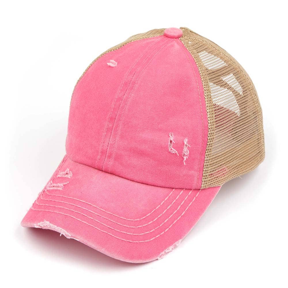 C.C Washed Denim with Crossed Elastic Band Mesh Pony Cap