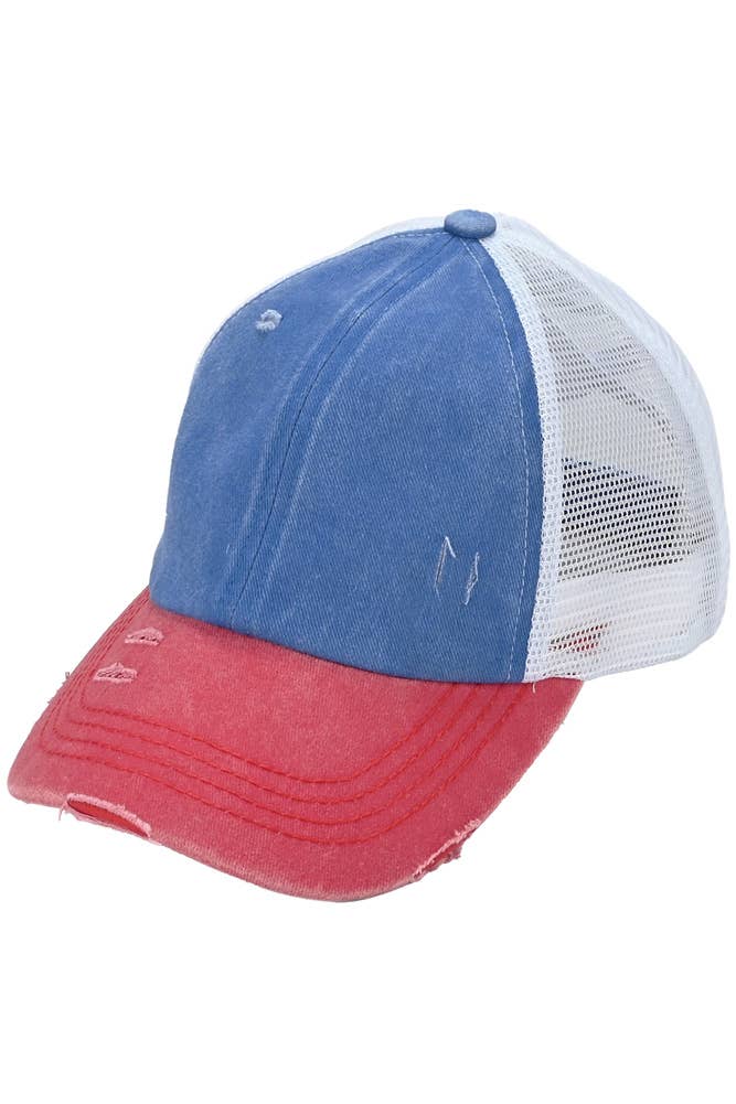 C.C 3 Tone Crossed Mesh Back Blank Trucker Pony Cap