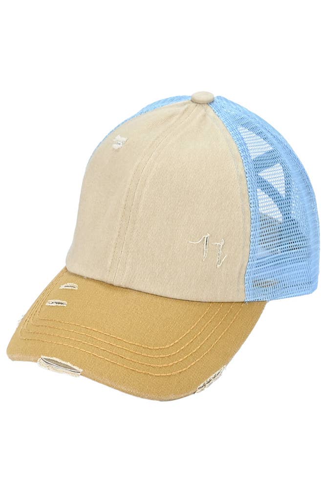 C.C 3 Tone Crossed Mesh Back Blank Trucker Pony Cap